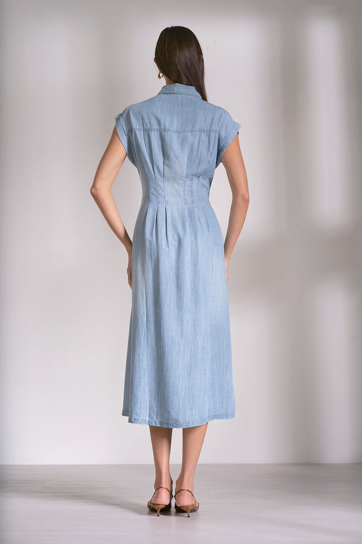 Denim Midi Cap Sleeve Dress - Light Wash