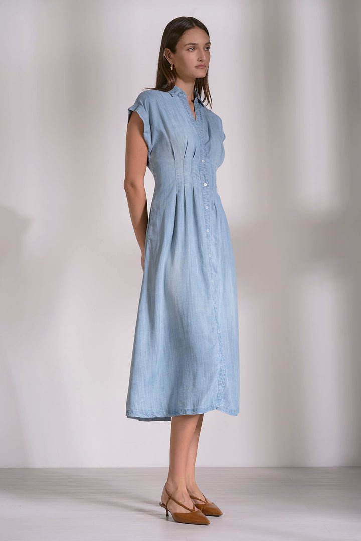 Denim Midi Cap Sleeve Dress - Light Wash
