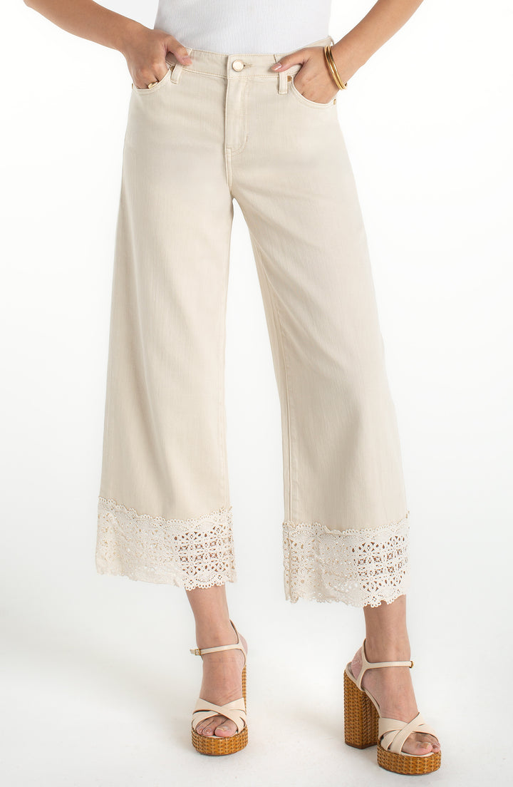 Liverpool Stride Wide Leg With Lace Trim - Ecru