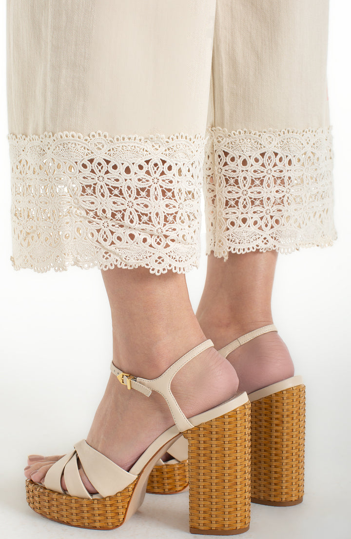 Liverpool Stride Wide Leg With Lace Trim - Ecru