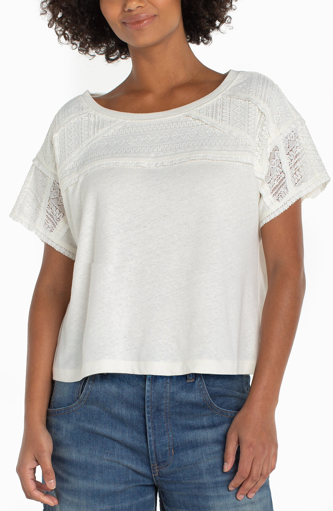 Liverpool Short Sleeve Dolman Lace Top - Whipped Cream