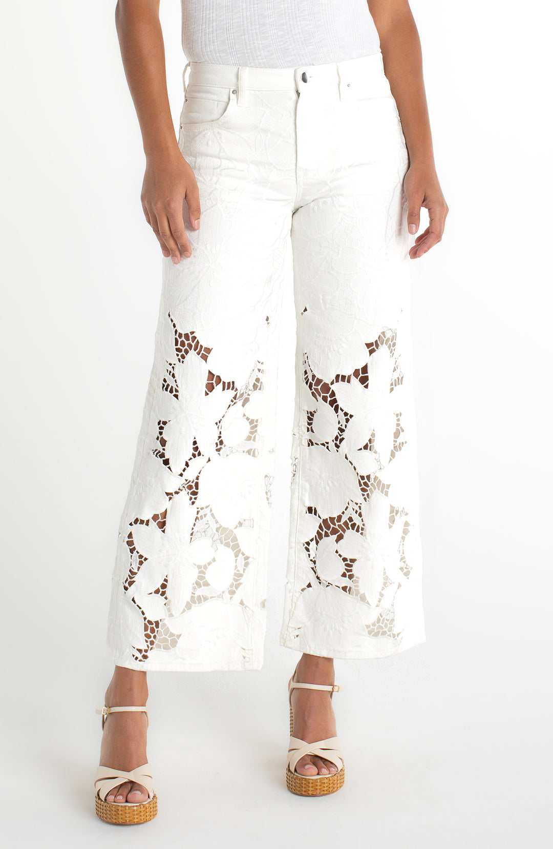 Liverpool Stride Wide Leg 30" Laser Cut - Ivory Bloom