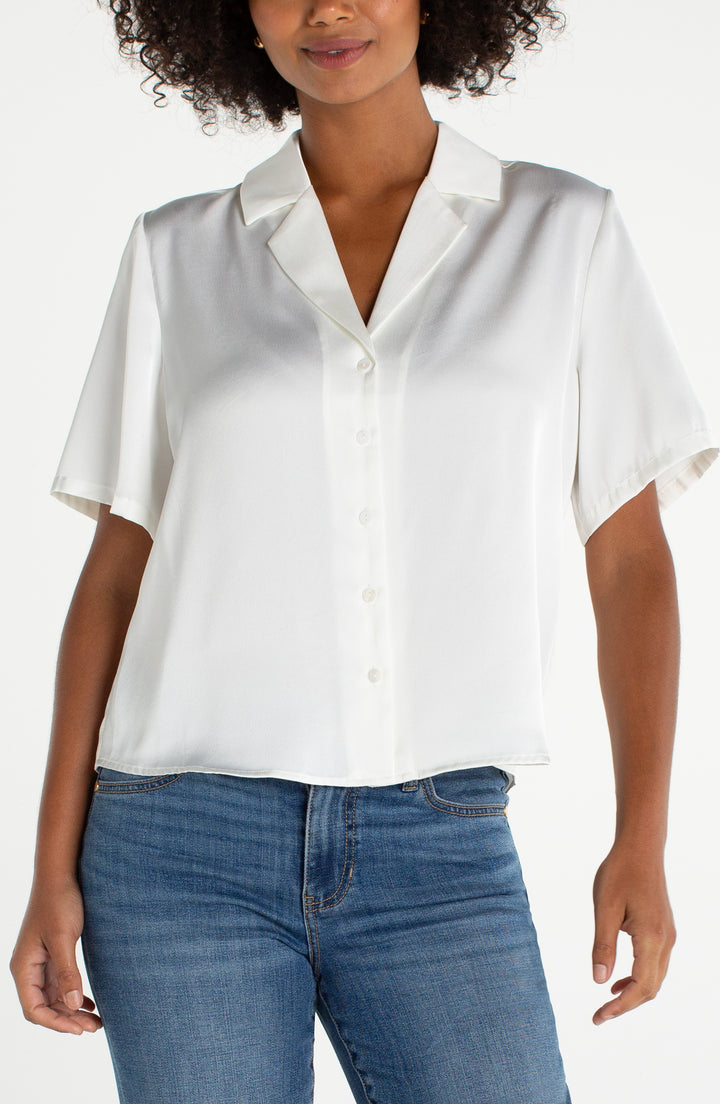 Liverpool Short Sleeve Camp Collar Woven Top - Whipped Cream