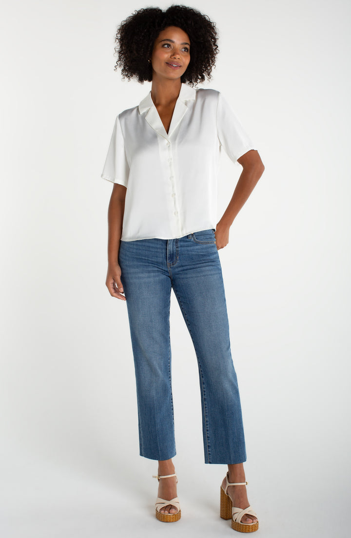 Liverpool Short Sleeve Camp Collar Woven Top - Whipped Cream