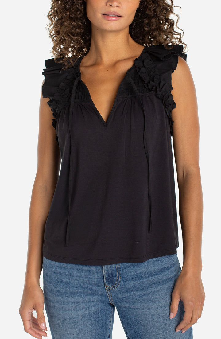 Liverpool Flutter Sleeve Knit-to-woven Top W/ Ties - Black