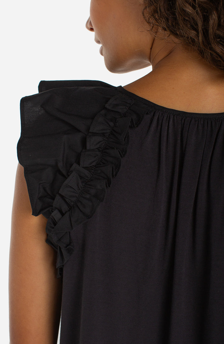 Liverpool Flutter Sleeve Knit-to-woven Top W/ Ties - Black