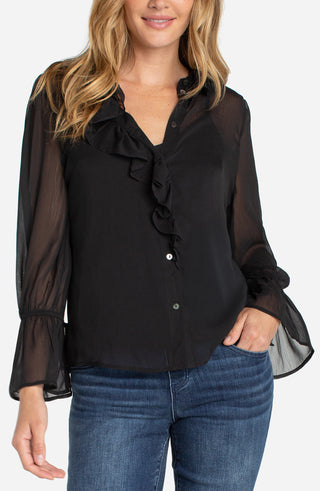 Liverpool Long Sleeve Ruffle Front Woven Shirt  - Black