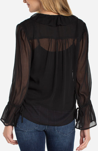 Liverpool Long Sleeve Ruffle Front Woven Shirt  - Black