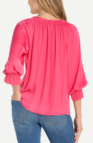Liverpool 3/4 Sleeve Button Front Top W/ Ruffle Details - Perfect Pink