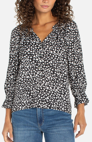 Liverpool 3/4 Sleeve Button Front Top W/ Ruffle Details - Black w/Cream Hearts