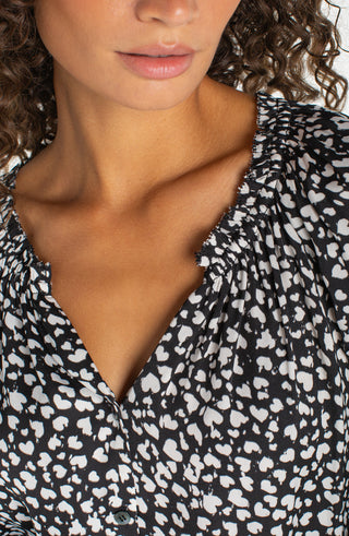 Liverpool 3/4 Sleeve Button Front Top W/ Ruffle Details - Black w/Cream Hearts