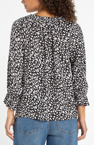 Liverpool 3/4 Sleeve Button Front Top W/ Ruffle Details - Black w/Cream Hearts