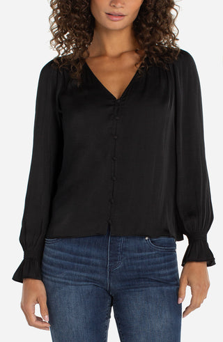 Liverpool Button Front Woven Top W/ Smocking - Black