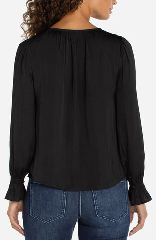 Liverpool Button Front Woven Top W/ Smocking - Black