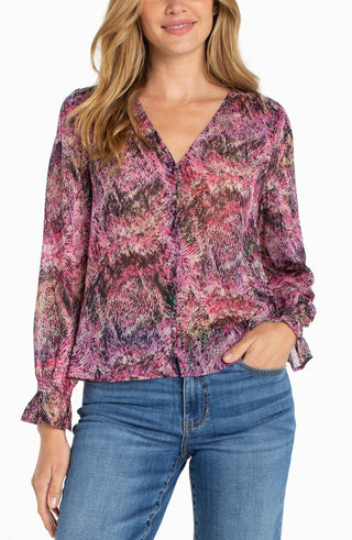 Liverpool Button Front Woven Top W/ Smocking - Pink Multi Starburst