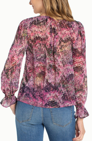 Liverpool Button Front Woven Top W/ Smocking - Pink Multi Starburst
