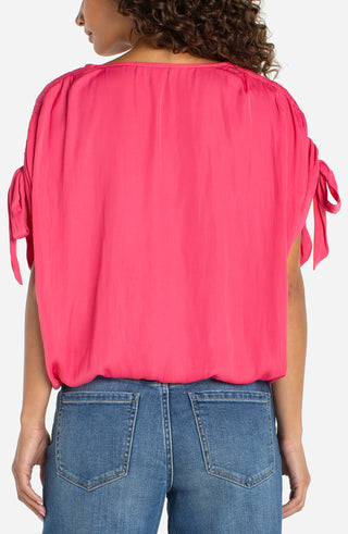 Liverpool Dolman V-Neck Woven Top with Ties - Perfect Pink