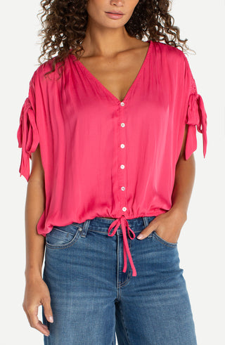 Liverpool Dolman V-Neck Woven Top with Ties - Perfect Pink