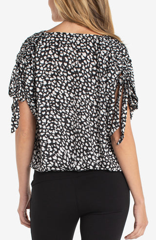 Liverpool Dolman V-Neck Woven Top with Ties - Black w/ Cream Hearts