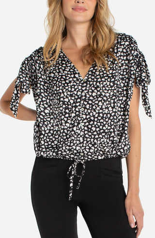Liverpool Dolman V-Neck Woven Top with Ties - Black w/ Cream Hearts
