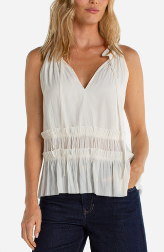 Liverpool Sleeveless Woven Top With Ruffles - Whipped Cream