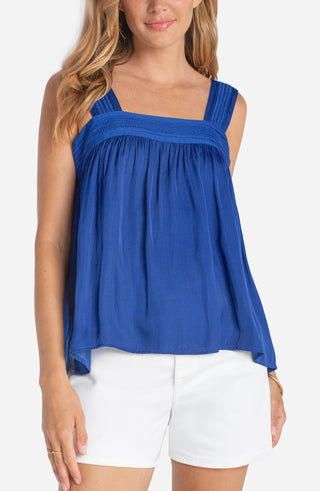 Liverpool Sleeveless Woven Top W/ Pintuck Straps - Deep Lapis Blue