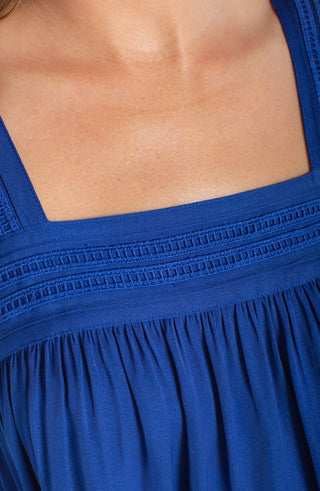 Liverpool Sleeveless Woven Top W/ Pintuck Straps - Deep Lapis Blue
