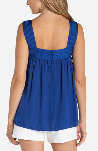 Liverpool Sleeveless Woven Top W/ Pintuck Straps - Deep Lapis Blue