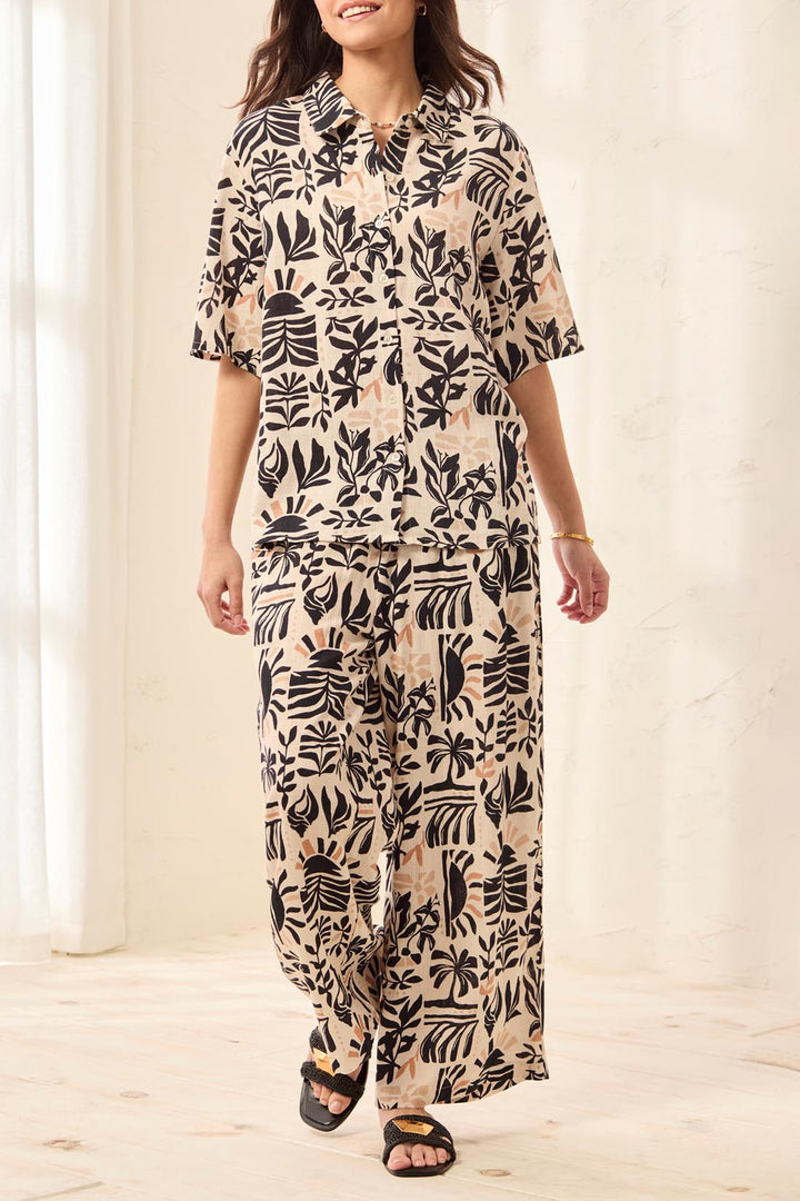 Tribal Linen Short Sleeve Button-Front Printed Camp Shirt - Canvas