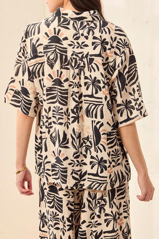 Tribal Linen Short Sleeve Button-Front Printed Camp Shirt - Canvas