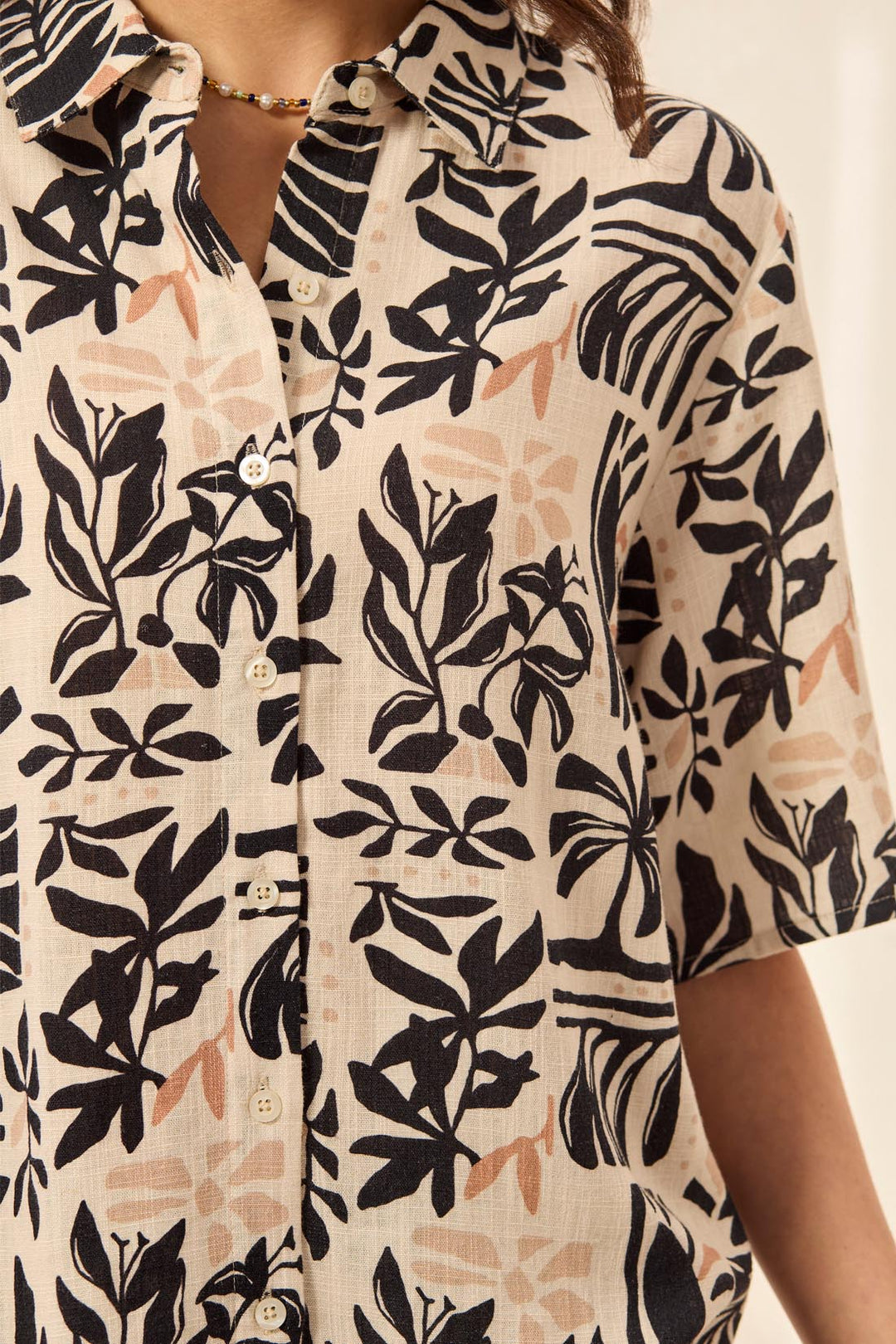 Tribal Linen Short Sleeve Button-Front Printed Camp Shirt - Canvas