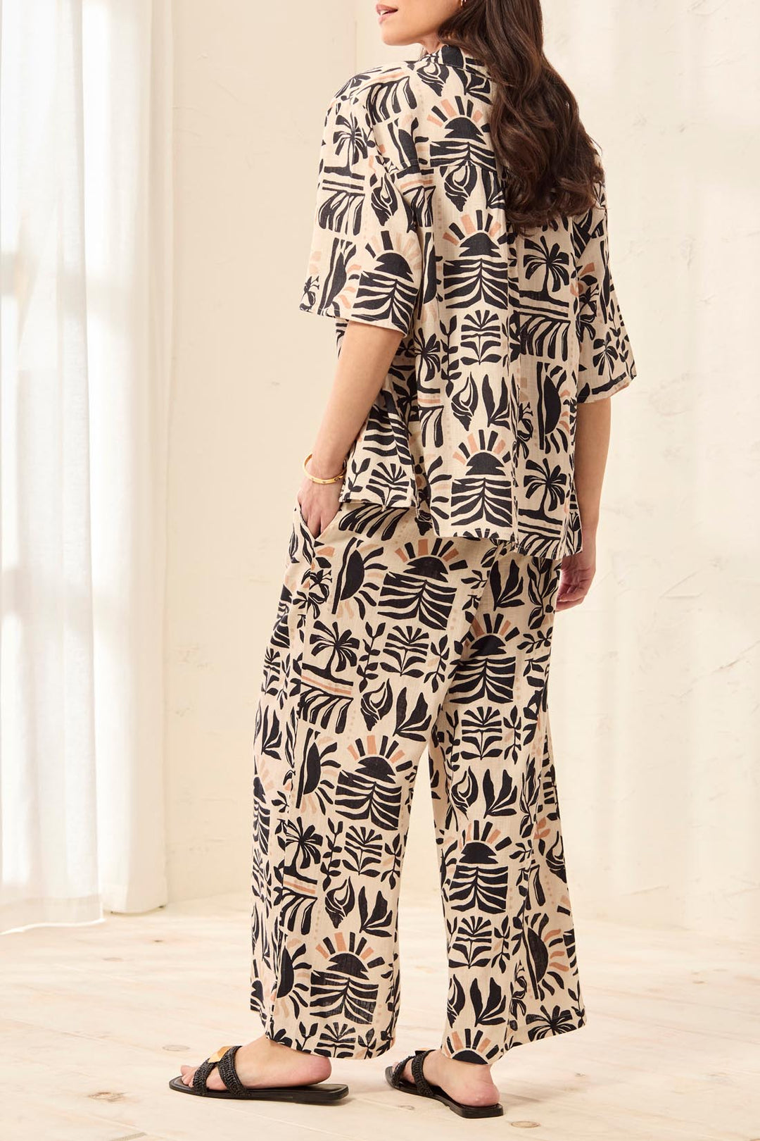 Tribal Flowy Linen Relaxed Wide-Leg Pants with Waistband