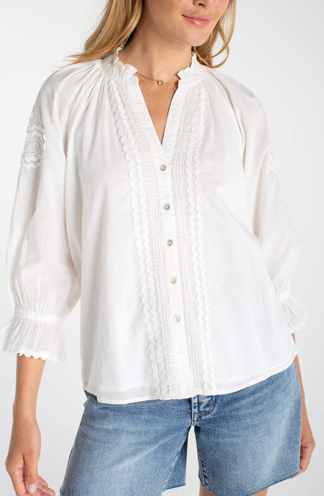 Liverpool 3/4 Sleeve Button Front Wove Top w/ Embroidery - Bone
