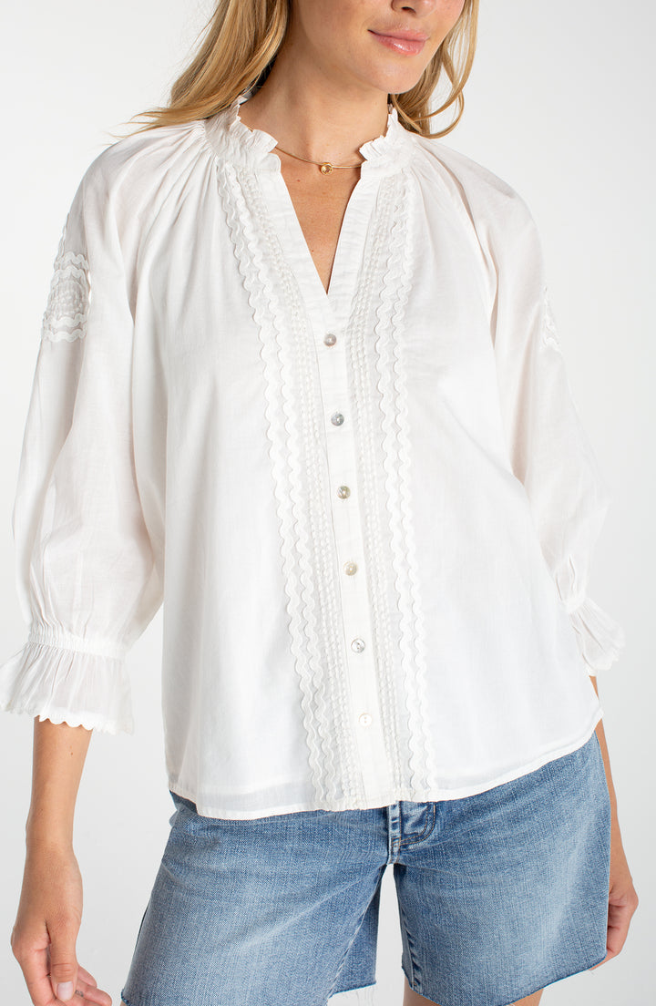 Liverpool 3/4 Sleeve Button Front Wove Top w/ Embroidery - Bone