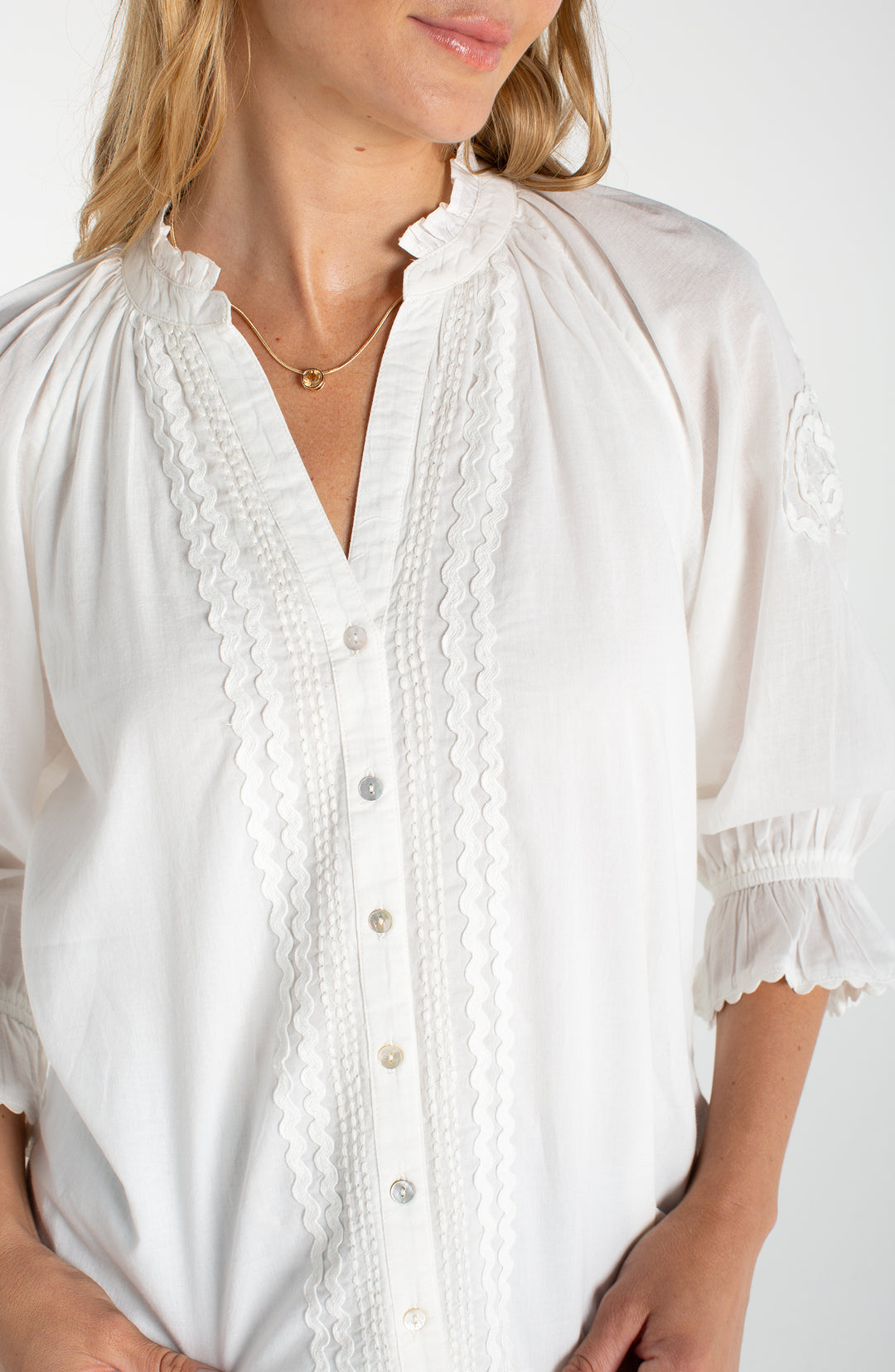 Liverpool 3/4 Sleeve Button Front Wove Top w/ Embroidery - Bone