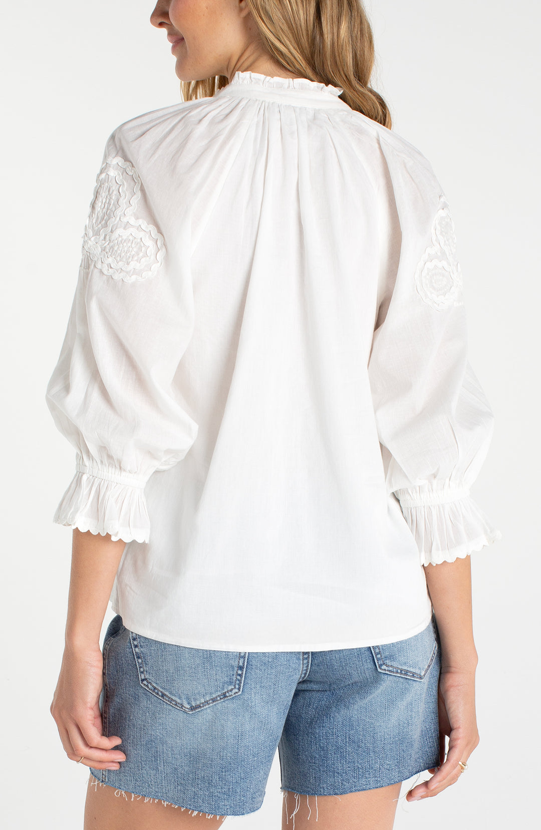 Liverpool 3/4 Sleeve Button Front Wove Top w/ Embroidery - Bone