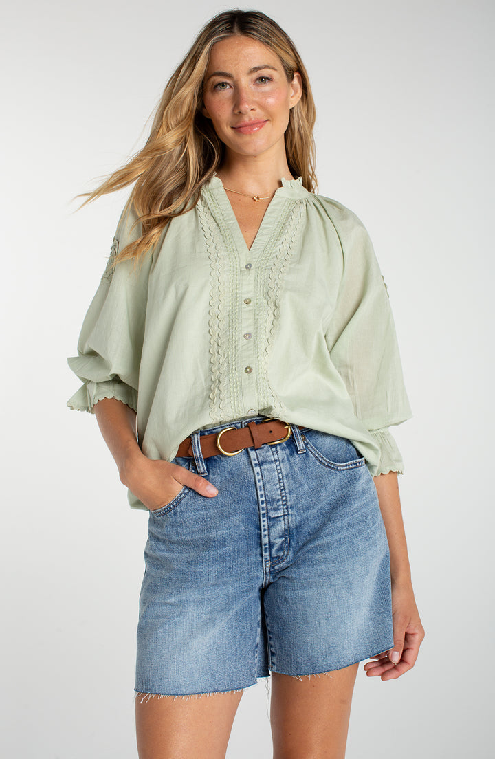 Liverpool 3/4 Sleeve Button Front Wove Top w/ Embroidery - Matcha