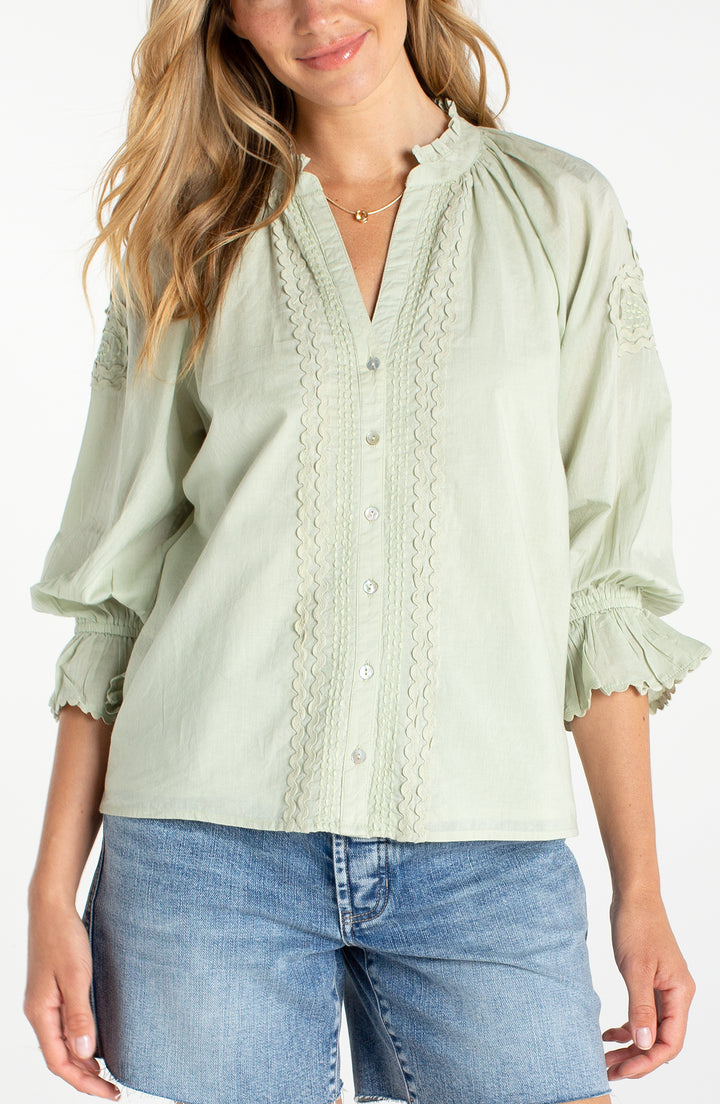 Liverpool 3/4 Sleeve Button Front Wove Top w/ Embroidery - Matcha