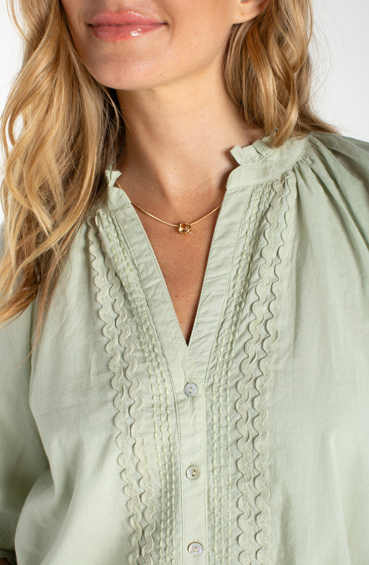 Liverpool 3/4 Sleeve Button Front Wove Top w/ Embroidery - Matcha