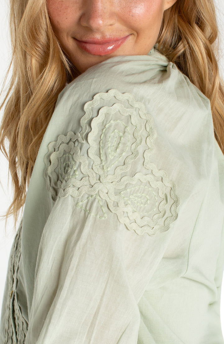 Liverpool 3/4 Sleeve Button Front Wove Top w/ Embroidery - Matcha