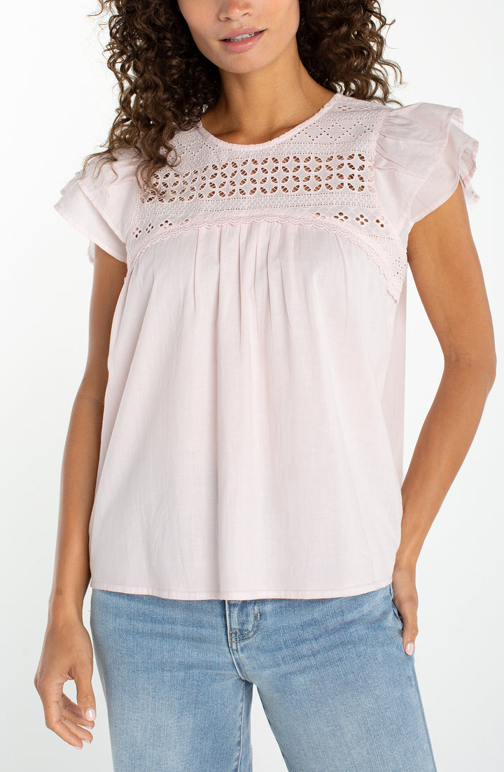 Liverpool Double Flutter Sleeve Woven Blouse w/ Embroidery - Soft Pink