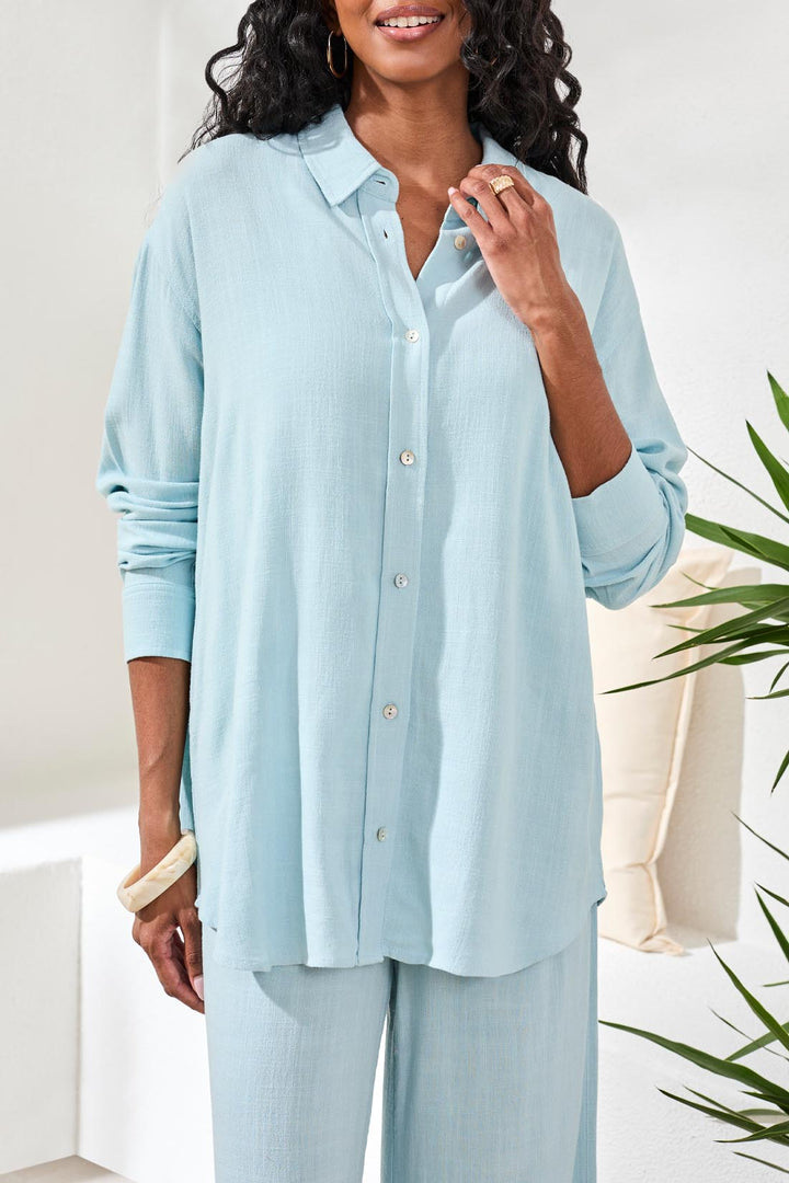 Tribal Long Sleeve Button Down Shirt - Light Aqua Sky
