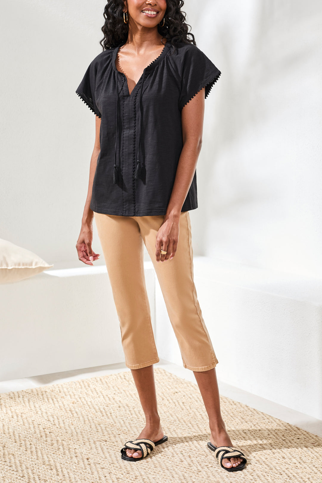 Tribal Cotton Slub Split Neck Tassel Top - Black