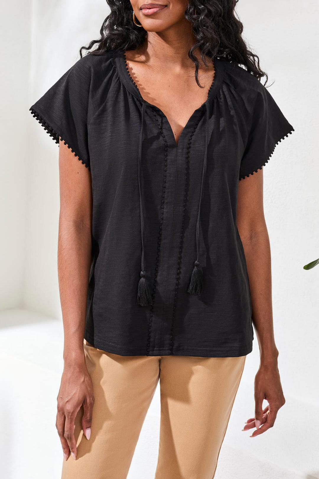 Tribal Cotton Slub Split Neck Tassel Top - Black
