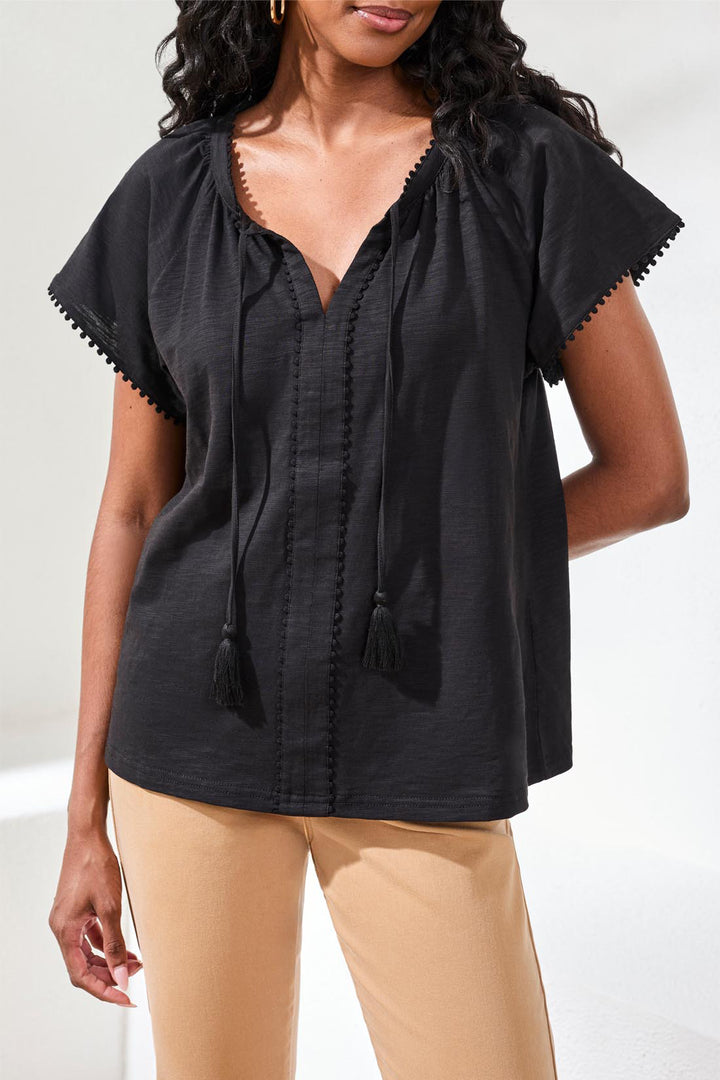 Tribal Cotton Slub Split Neck Tassel Top - Black
