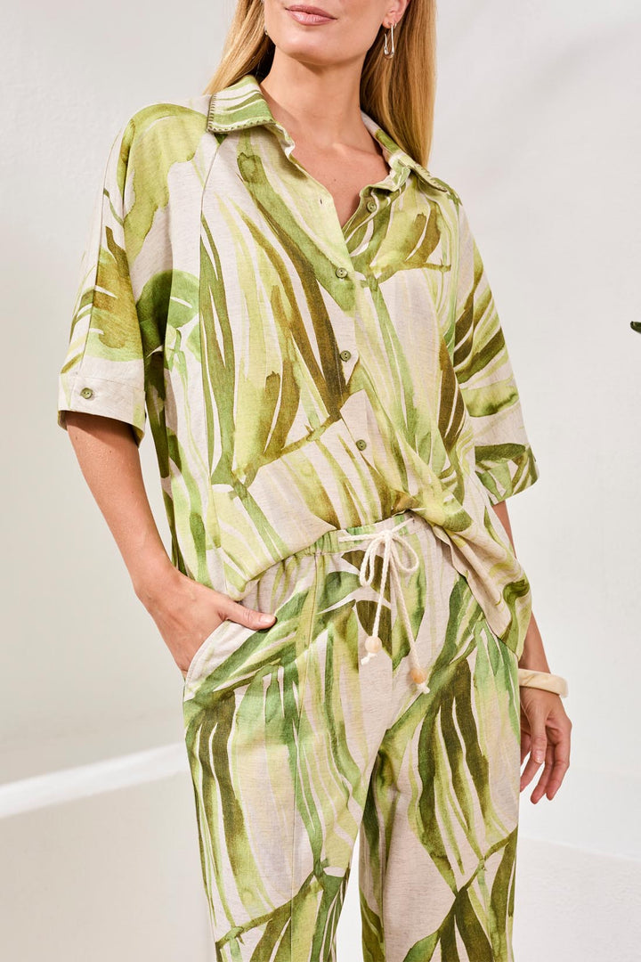 Tribal Flowy Linen Dolman Elbow Sleeve Blouse Mintleaf