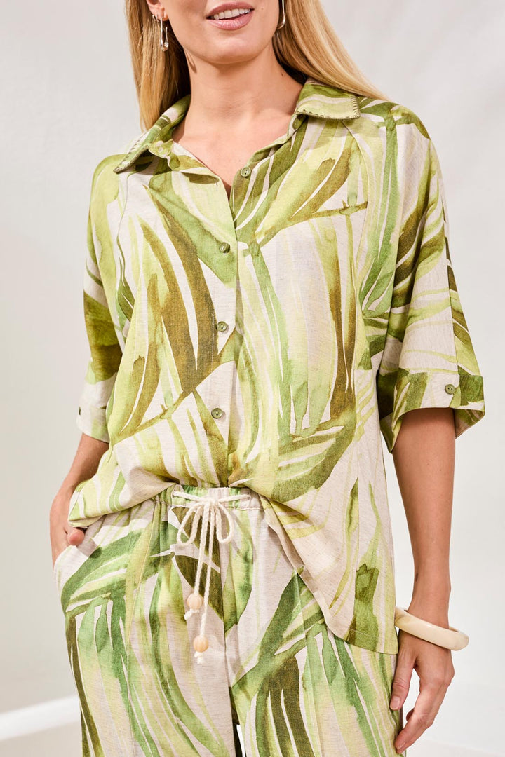Tribal Flowy Linen Dolman Elbow Sleeve Blouse Mintleaf