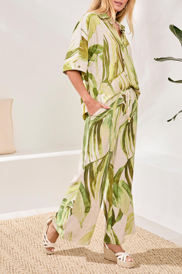 Tribal Flowy Linen Flare Pants With Drawcord Waist Mintleaf