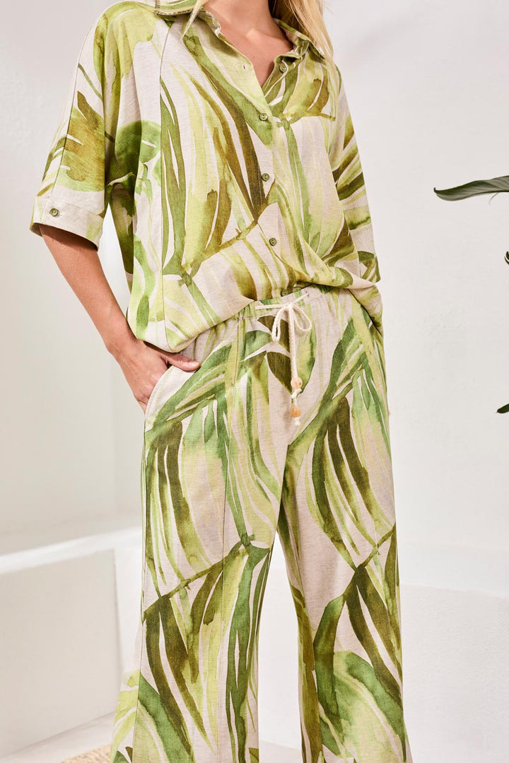 Tribal Flowy Linen Flare Pants With Drawcord Waist Mintleaf