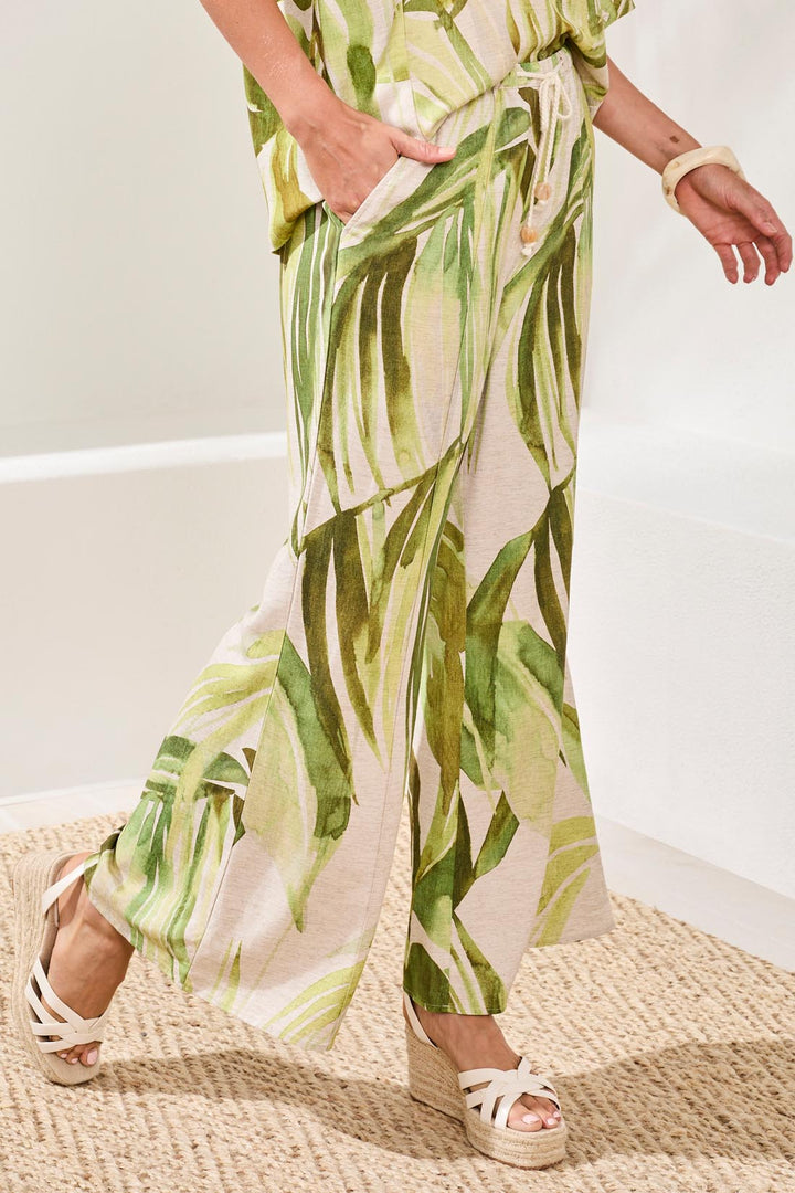 Tribal Flowy Linen Flare Pants With Drawcord Waist Mintleaf